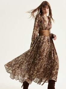 Aveloria Modichic European & American Style New Metallic Thread Print V-Neck Satin Belt Fashionable Versatile Commuting Flared Long Sleeve Dress - Multicolor - View 3