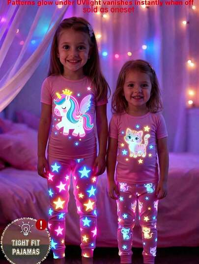1set Young Girls Glow-In-The-Dark Unicorn Print Crew Neck Tight Fit Knit Short Sleeve Top And Pants Pajama Set
