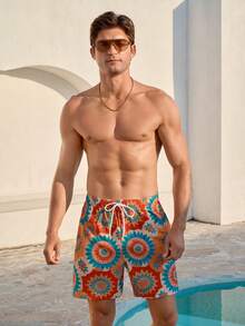 CoralVoy Men's Fashionable Casual Printed Drawstring Beach Shorts Men Vacation Beachwear Swimwear For Men Men's Swim Trunk Geometric - Multicolor - View 1