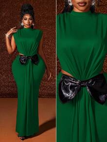 Maweii Plus Size Women Dark Green Summer Elegant Formal Sleeveless Ruched Shoulder Exaggerated 3D Bow Decor Party Christmas Birthday Cocktail Dress - Multicolor - View 2