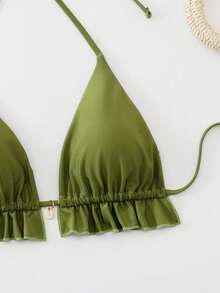 Swim Vcay Top de bikini femme à col ras-du-cou, avec volants, couleur unie et - Vert - Voir 5