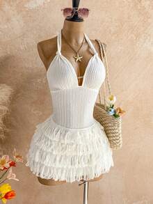 Soleia Neues strukturiertes Minikleid mit V-Ausschnitt, Bindedetail und gerüschtem Saum, bohemian, boho, romantisch floral, Urlaub, Blumenmuster für Party, Date, Valentinstag, Ostern, Karneval, Nachmittagstee, Strand, Kreuzfahrt, Städtereise - Weiss - Übersicht 7