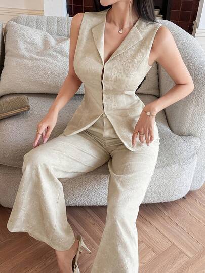 DAZY 女士优雅花卉纹理西装背心和阔腿裤套装，春夏款