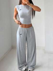 SHEIN EZwear 女士灰色刺绣针织休闲套装 - 淺灰色 - 查看 7