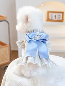 PETSIN 1件宠物优雅蕾丝连衣裙，饰有水钻蝴蝶结，公主风猫狗服装，荷叶边领口和袖口，通用公主风猫狗服装 - 灰色 - 查看 6