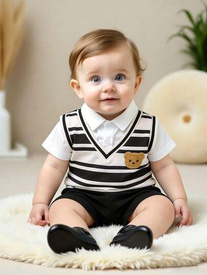 SHEIN 2pcs Baby Boy Cute Preppy Bear Set: 2 In 1 Black & White Striped Print Patchwork White Collar Short Sleeve Polo Shirt And Elastic Waist Shorts, Suitable For Birthday Party, Banquet,  , Baby Shower, 1st Birthday Celebration And Other Occasions. Baby Boy Summer Set, Black & White Striped Polo Shirt And Shorts Set, Baby Boy Clothing, Back To School Outfit, Casual Gentleman Style Set, Infant Toddler Boy Outfit.Wedding,Prom,Graduation