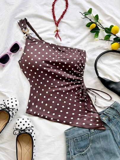 Soleia Women's Summer Vacation Beige Knit Jacquard Textured One-Shoulder Fitted Hem Slit Drawstring Ruched Camisole, Suitable For Party, Date, Valentine's Day, Easter, Carnival, Afternoon Tea, Beach, Cruise, City Vacation