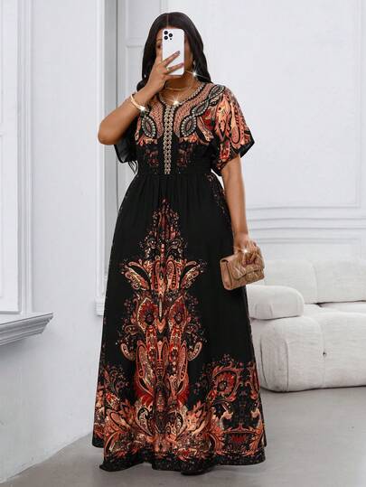 Maweii Plus Size Women's Placement Print Dress, Romantic For Dates, Casual Commute, Versatile Fashion, Suitable For Spring/Summer