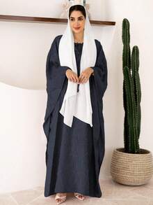 Al Najma V-Neck Criss-Cross Tie Design Elegant Laser Cut Fabric Long Sleeve Maxi Dress, Turkish & Arabic Traditional Abaya - Navy Blue - View 6