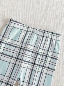 2pcs Baby Girls Casual Cute Bear Print Top And Classic Plaid Leggings Set, Snug Fit Homewear - Blue - View 7