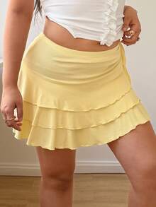 Sunnyshic Falda mini casual de noche para mujer de talla grande, de unicolor y con pliegues, versátil y de moda - Amarillo - Ver 6