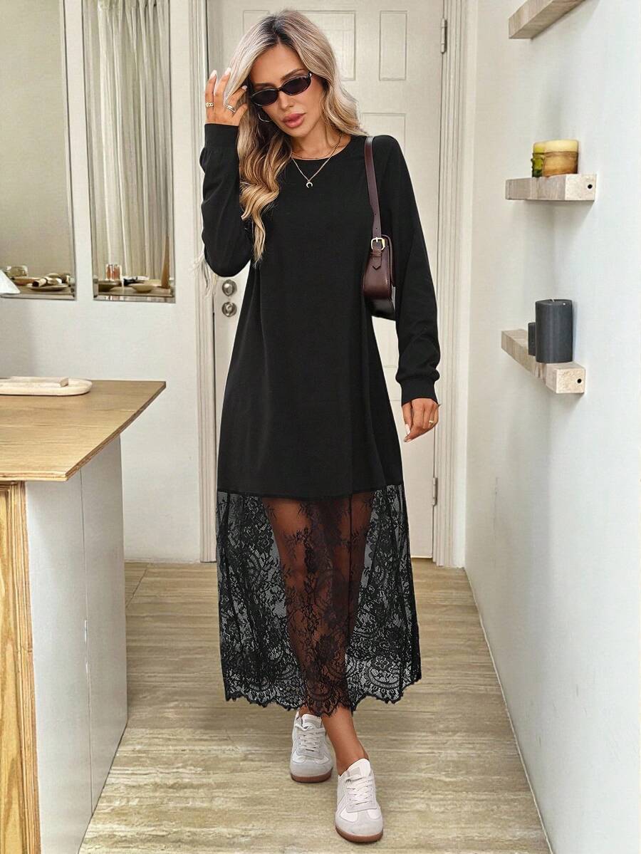 Easowa 女士休闲蕾丝拼接长袖中长连衣裙，适合派对、聚会、秋季穿着，黑色连衣裙，蕾丝连衣裙，黑色蕾丝连衣裙，女士黑色休闲连衣裙 - 黑色 - 查看 1