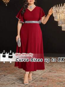 SHEIN CURVE+ 大码女式V领荷叶边短袖腰部拼接闪亮长款优雅连衣裙，适合夏季晚宴穿着 - 紅色 - 查看 9