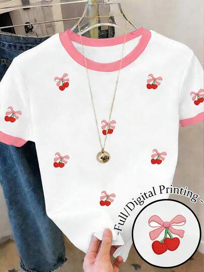 Spring And Summer Tween Girl' Casual Fashion Creative Personalized Fresh Elegant Minimalist Bow Cherry Contrast Color Pattern Print Relaxed Basic Short T-Shirt, Comfortable Daily Wear, Cozy Summer And Fall Styles Suitable For Spring, Summer, Autumn, Fruit Daily Soft White Basic T-Shirt