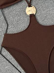 SHEIN Swim 1pc Solid Color Pearl Fabric Halter Waist Hollow Front Metal Decor Backless Tie Bikini Swimsuit For Women - Brown - View 5