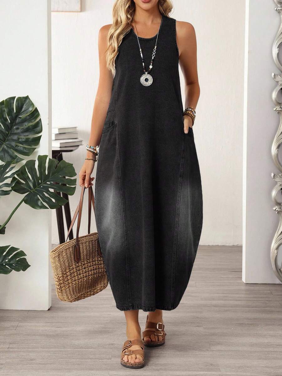 EMERY ROSE Đầm denim dài dáng rộng, không tay, cổ chữ U, dây đeo bản rộng, có túi, dành cho người có thân hình đầy đặn, thích hợp cho mùa hè. - màu đen - Xem 1