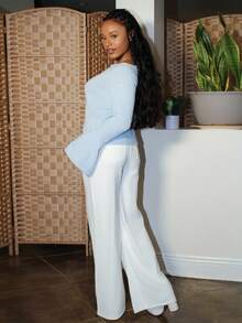 Steph T 女士新款优雅休闲日常百搭都市通勤套头针织毛衣，蓝色圆领长喇叭袖，开衩袖口，适合秋冬季，教师装，舒适秋季 - 藍色 - 查看 4