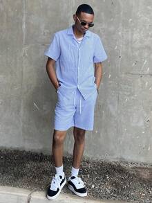 Ngobest Haus Ngobest Haus Men's Fashion Bubble Stripe Breathable Contrast Color Button Top & Slant Pocket Drawstring Casual/Business Shorts Set, Summer, Cozy Outfits - Blue - View 6