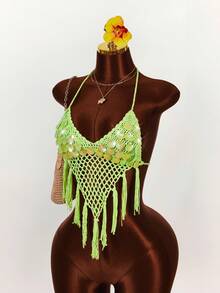 Amplova Women's Sequin Shell Halter Backless Tassel Hem Sexy Avant-Garde Crochet Top, Suitable For Vacation - Green - View 1