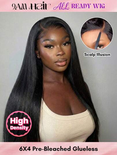  180% Density Affordable Long Straight All Ready Wig Pre Bleached Pre Plucked Pre-Cut Lace Melting Lace Front 6x4 Glueless Closure Wig Real Human Hair 9AM HAIR
