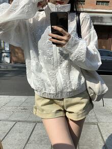 Livesso Spring & Summer Vacation Outfit, White High Collar Textured Large Pocket Loose Women Regular Jacket - White - View 8