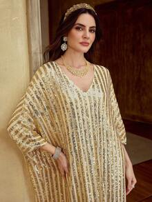 ZEYLAH WOMEN'S FASHION PARTY V-NECK SEQUIN PATCHWORK BATWING SLEEVE LOOSE ARABIC STYLE DRESS - Apricot - View 2