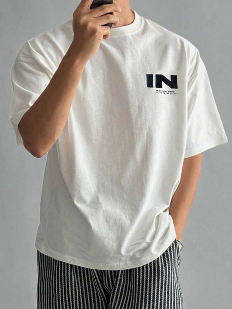 Men's White Letter Print Crew Neck T-Shirt, Summer
