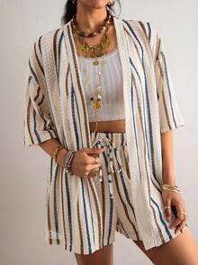 Freevana 大码女式夏季沙滩度假撞色条纹印花宽松上衣和短裤两件套 - 米色 - 查看 6
