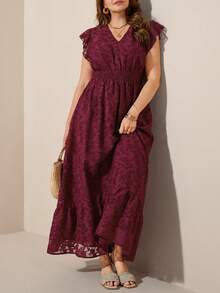 Comfylo فستان حفلة أنيق للمرأة ذات الحجم الكبير مزين بالجاكار والكشكشة على الذيل - عنابي اللون - مشاهدة 3