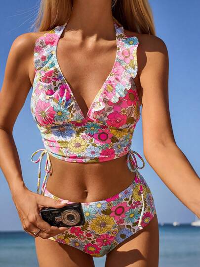 Swim Vcay Conjunto de bikini con volantes y estampado floral aleatorio para vacaciones de verano y playa para mujer