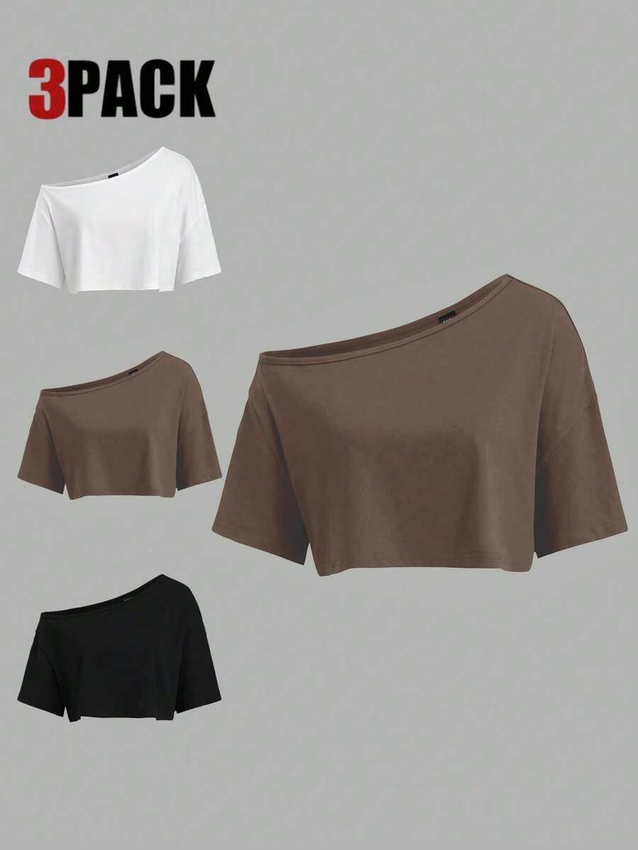 Sweetra 3pcs/Set Kaos Lengan Pendek Bahu Asimetris Longgar Warna Putih, Abu-abu, Hitam - MultiWarna - View 1