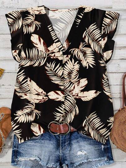 EMERY ROSE Women's Casual Coconut Tree Print Shirt, Elegant Resort Style, Suitable For Summer