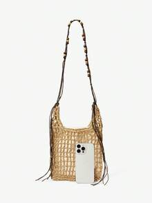 MUSERA Ladies, Women Crossbody Bag, Shoulder Bag, Straw Bag, Straw Woven Bag, Hollow, Tassels, Fashionable, Elegant, Simple, Personalized, Versatile, For Beach, Vacation, Holiday, Summer, Seaside, Beach Party - Khaki - View 4