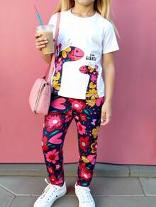 SHEIN Conjunto De Camiseta Y Pantalón Con Estampado De Jirafa Y Flores Para Niña Joven - Multicolor - Ver 8
