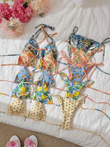 Elavelle Springbreak Women's Random Print Beaded Halter Sexy Bikini Swimsuit Set, Summer Beachwear Outfits - Multicolor - View 1