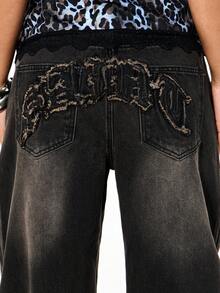 SUMWON WOMEN 复古做旧宽松阔腿牛仔裤，后袋饰有刺绣，膝盖处有破洞细节，尽显颓废风范。 - 黑色 - 查看 3