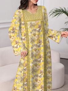 Al Najma 女士复古花卉植物图案，饰以仿水钻领印花V领长袖优雅阿拉伯风长连衣裙，春秋季 - 彩色 - 查看 4