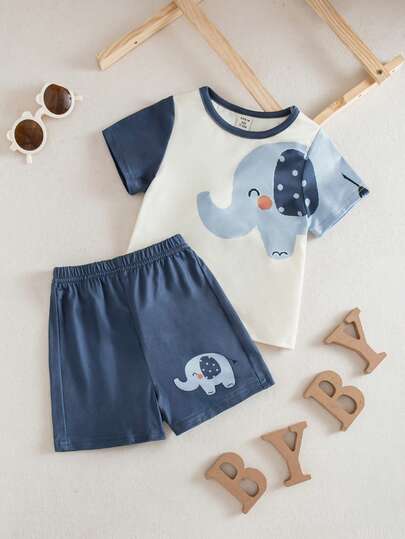 男婴可爱休闲卡通印花短袖T恤和松紧腰短裤套装，夏季
