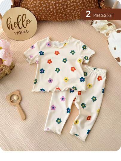 Newborn Baby Girl Cute Casual Summer Knitted Floral Print Short Sleeve Top And Pants Set