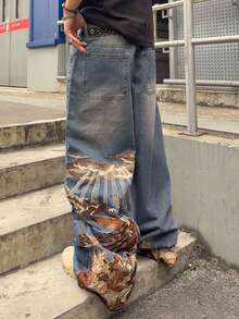 ROMWE MEN Men's Casual Fashion Street Embroidered Loose Wide-Leg Jeans, Belt Not Included Spring/Summer - Blue - View 5