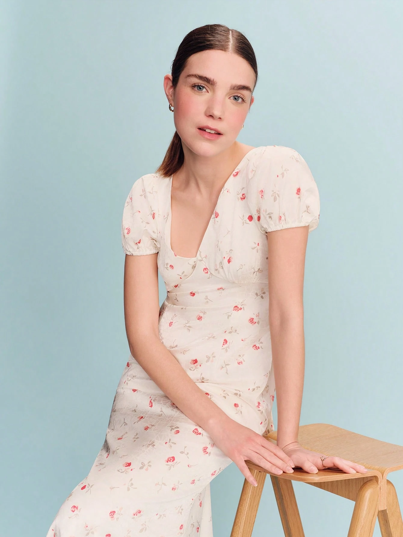 White Tie Waist Satin Woven Maxi Dress With Mini Rose Print And Puff Sleeve Vintage Dress Spring Summer Vacation French Style Parisian Style