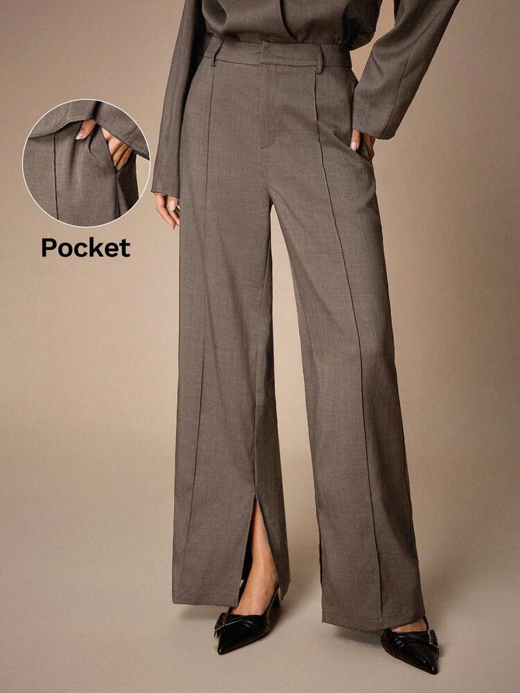 SHEIN Maija Valentine's Day Women's Casual Everyday Office Commute Solid Color Seam Front Split Hem Loose Wide Leg Pants Going Out High Waisted Pants Business Pants Business Casual Women Pants Spring Women Women's Work Valentine's Day Spring To Summer