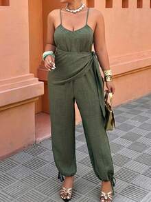 Breezaya Women's Casual Jumpsuit With Asymmetric Waist Tie And Lantern Sleeves, Suitable For Daily Wear And Vacation, Spring/Summer - Army Green - View 4