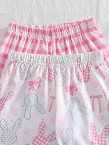 Conjunto de pijama de 4 piezas para niñas con estampado a cuadros y diseño de conejo, con polo de cuello corto y pantalones cortos - Multicolor - Ver 7