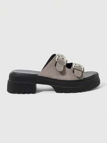 Sugerpunk Sandalias de mujer con estilo punk rock europeo y americano, con hebilla de metal, sandalias romanas de plataforma con cuña gótica para playa y vacaciones de verano, Halloween - Paño gris - Ver 2