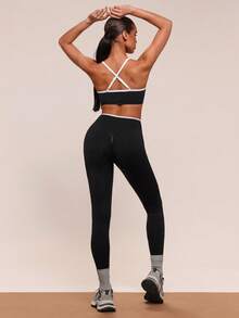 SHEIN BAE Ensemble de soutien-gorge de sport et leggings avec bandes contrastées et dos croisé élastique pour femmes, idéal pour le yoga et l'entraînement - Noir - Voir 2