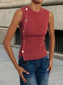 Maija Women's Red Sleeveless Casual Knit Top, Buttoned Design, Round Neck, Sexy & Fashionable, Comfortable For Commuting And Daily Wear - Red - View 1