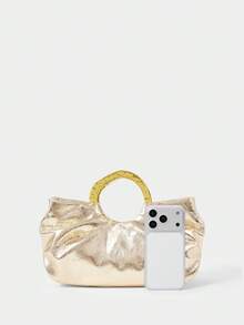 SHECARRY Women's Solid Color Pleated Elegant Handbag, Suitable For Work And Commuting - Gold - View 3