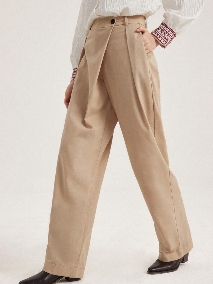 Aveloria Modichic Pantalones largos de cintura media asimétrica de diseño de moda, de estilo casual y para ir al trabajo - Caqui - Ver 1