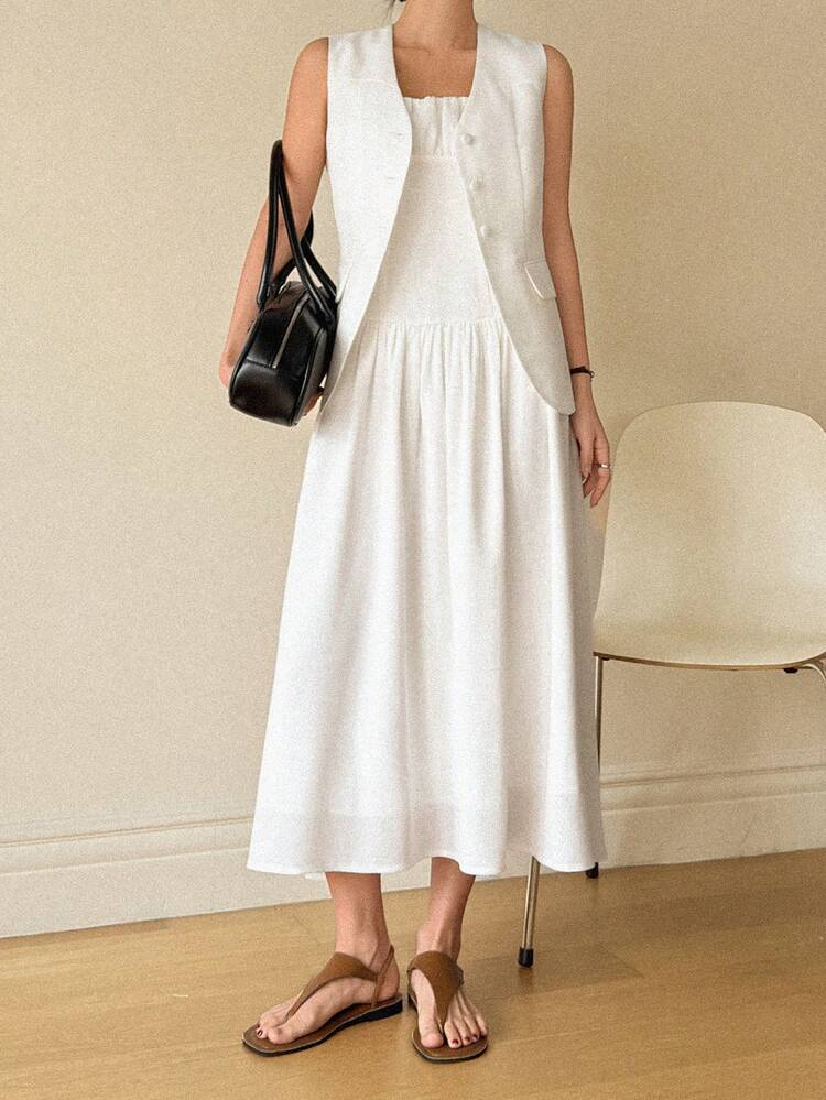 2pcs Women Solid Color Minimalist Sleeveless Jacket & Dress Set, Everyday Wear
